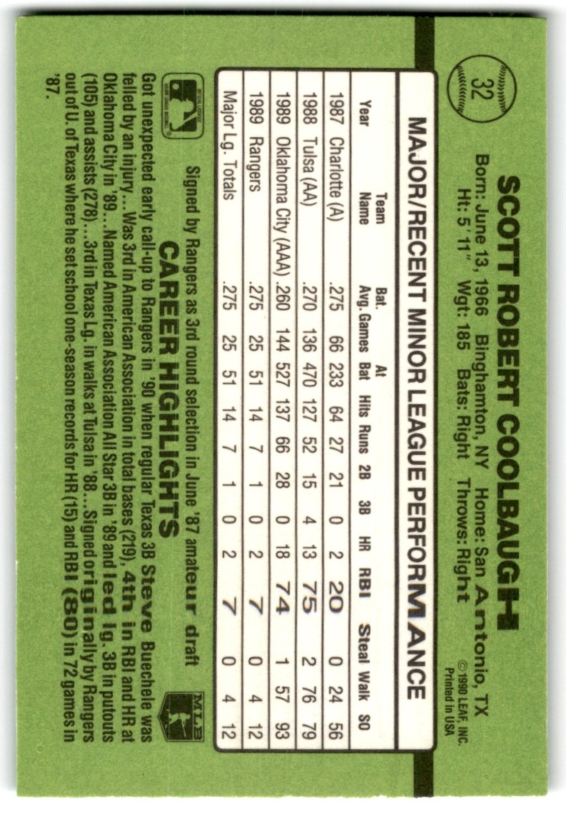 1990 Donruss The Rookies Scott Coolbaugh #32 card back image