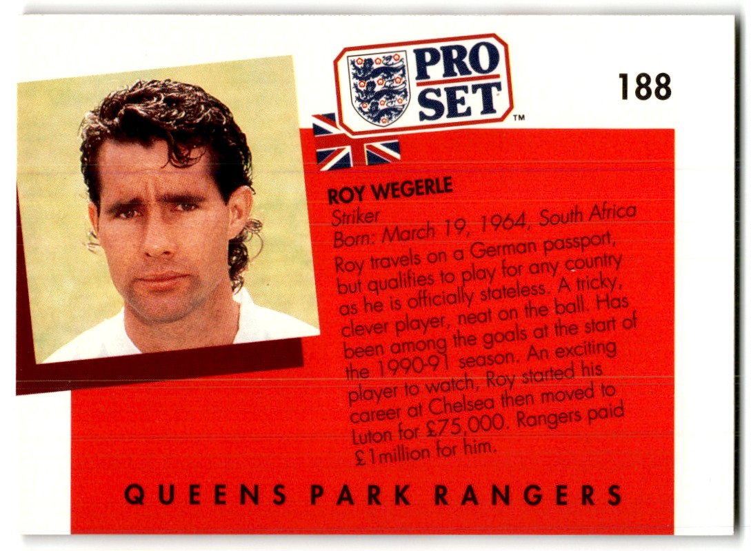 1990 Pro Set Roy Wegerle #188 card back image