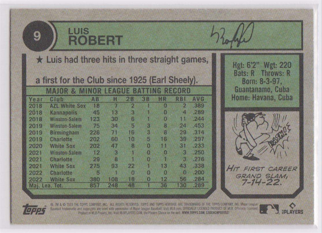 2023 Topps Heritage Black & White Variation Luis Robert #9 card back image