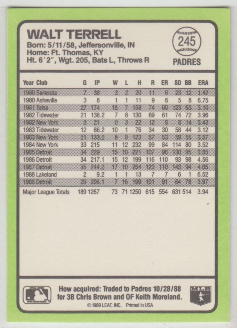 1989 Donruss Baseball's Best Walt Terrell #245 card back image