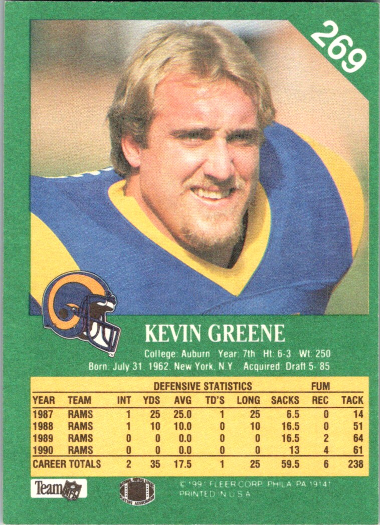 1991 Fleer Kevin Greene #269 card back image