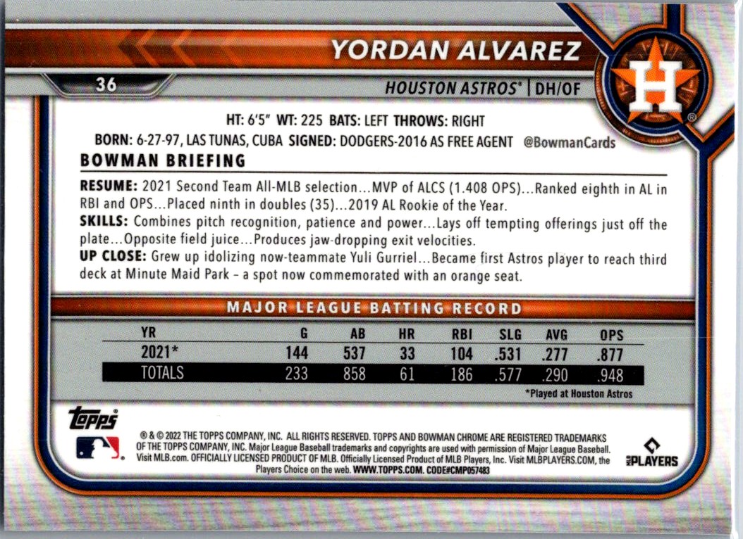 2022 Bowman Chrome Sapphire Yordan Alvarez #36 card back image