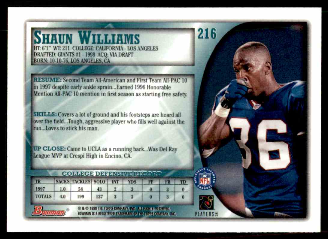1998 Bowman Shaun Williams #216 card back image