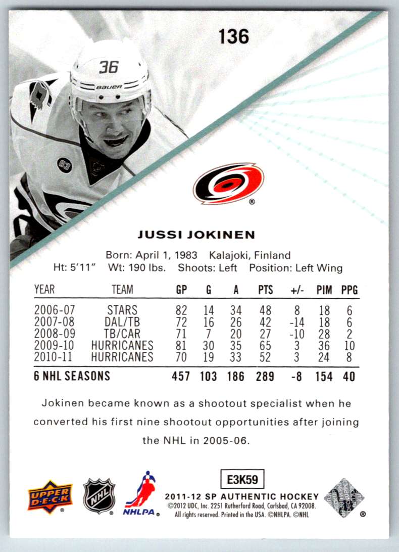 2011-12 SP Authentic Jussi Jokinen #136 card back image