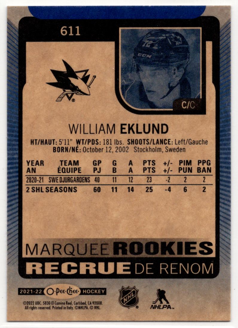 2021-22 Upper Deck 2021-22 O-Pee-Chee Update Blue Border William Eklund #611 card back image