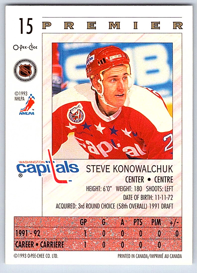 1992-93 O-Pee-Chee Premier Steve Konowalchuk #15 card back image