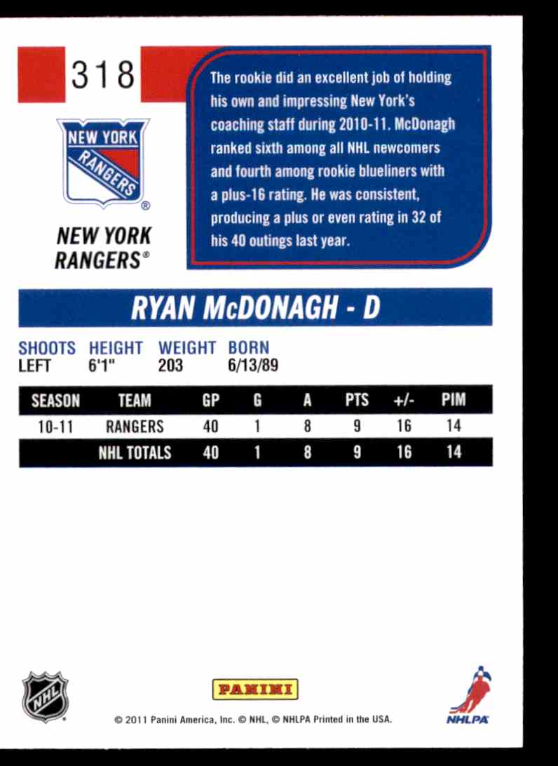 2011-12 Score Ryan McDonagh #318 card back image
