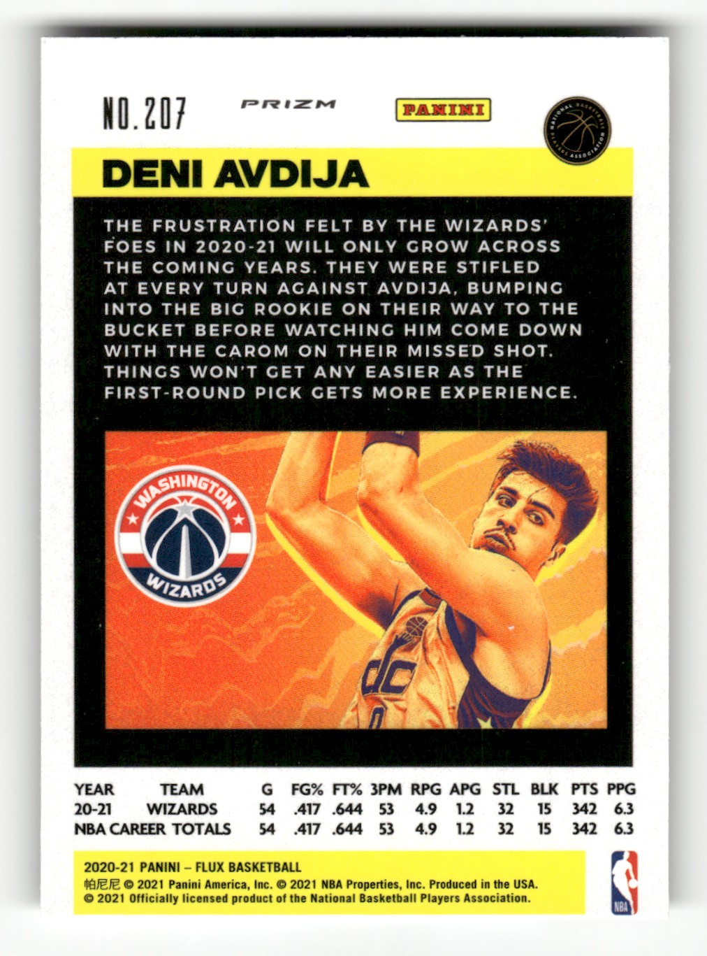 2020-21 Panini Flux Pulsar Deni Avdija #207 card back image