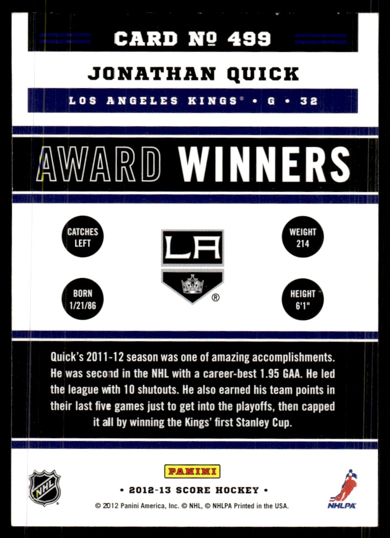 2012-13 Score Jonathan Quick #499 card back image