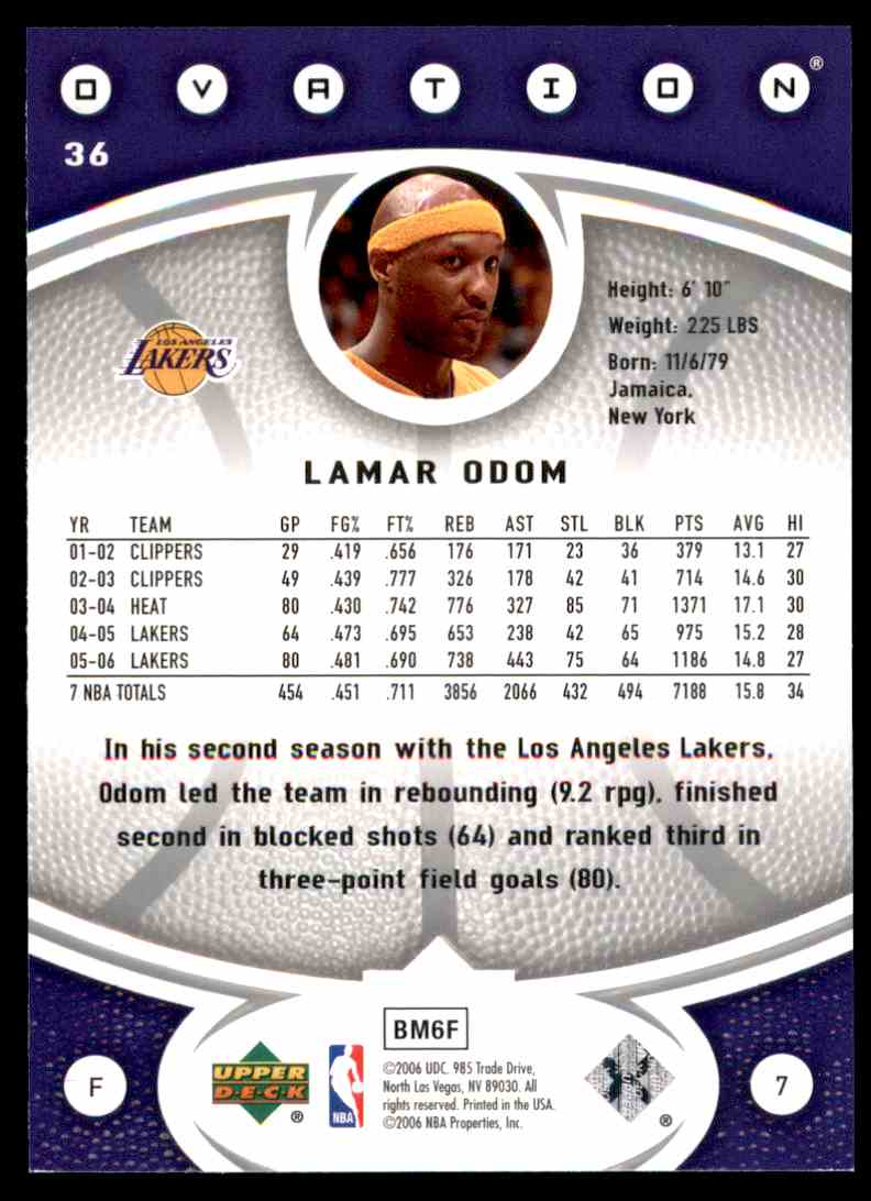 2006-07 Upper Deck Ovation Lamar Odom #36 card back image