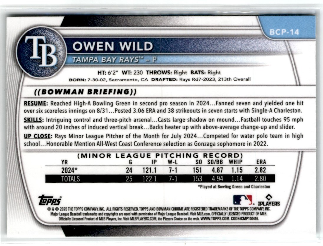 2025 Bowman Chrome Mini Diamond Owen Wild #BCP14 card back image