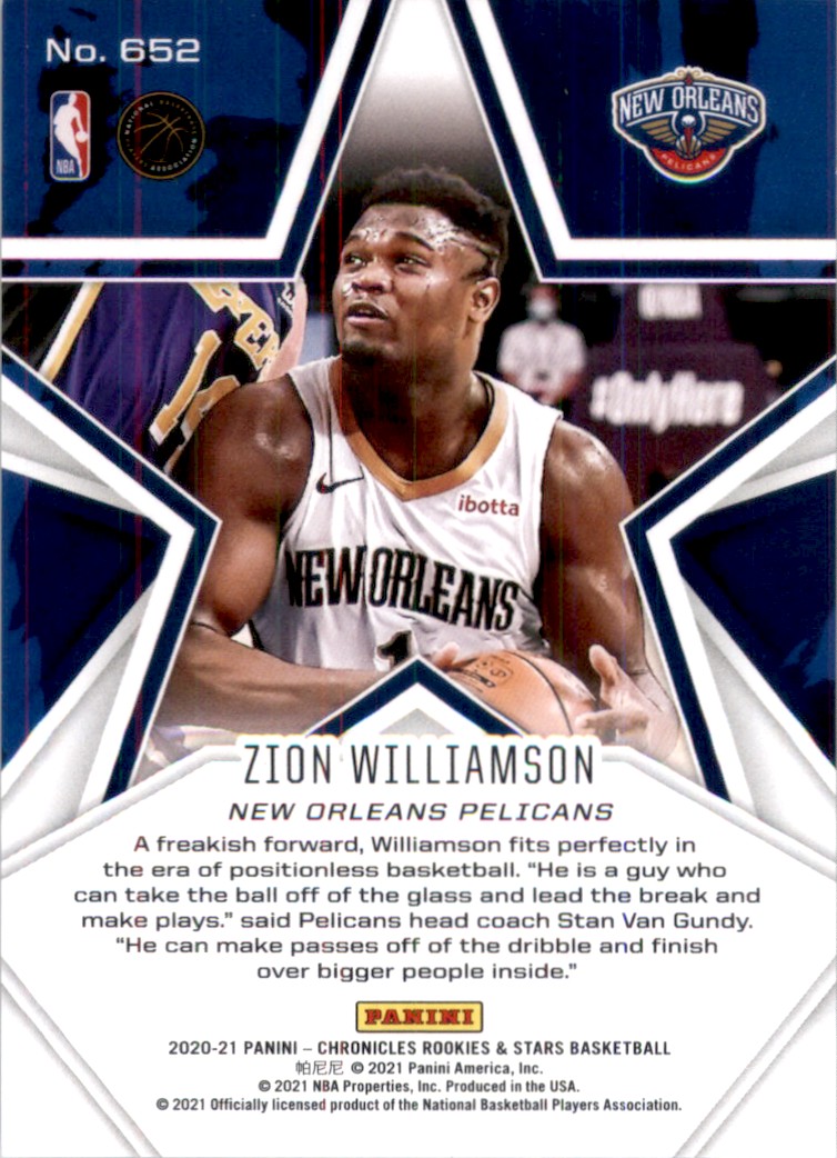 2020-21 Panini Chronicles Blue Zion Williamson/Rookies and Stars #652 card back image