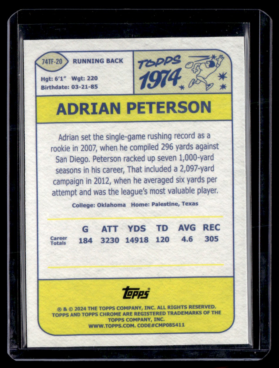 2024 Topps Chrome 1974 Football Adrian Peterson #74TF-20 card back image