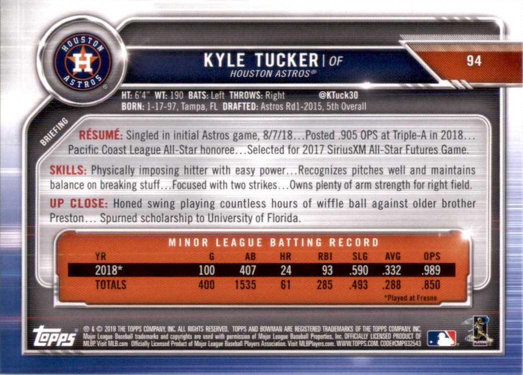 2019 Bowman Baseball Card Kyle Tucker #94 on Kronozio