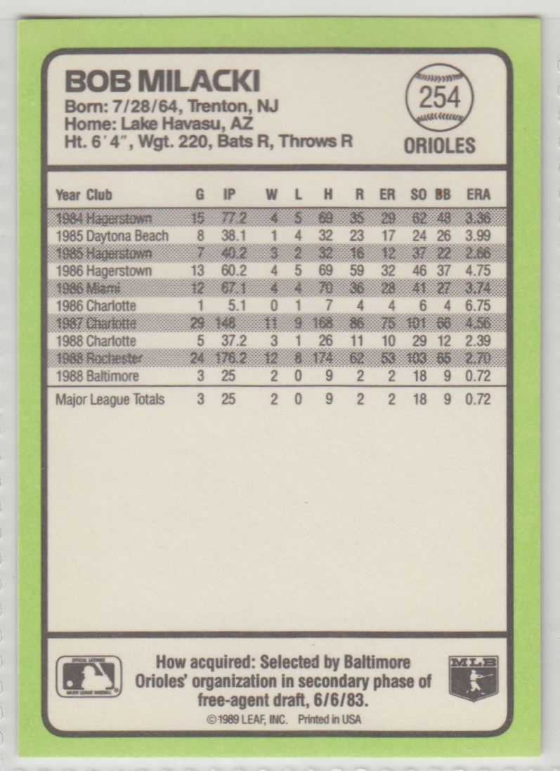 1989 Donruss Baseball's Best Bob Milacki #254 card back image