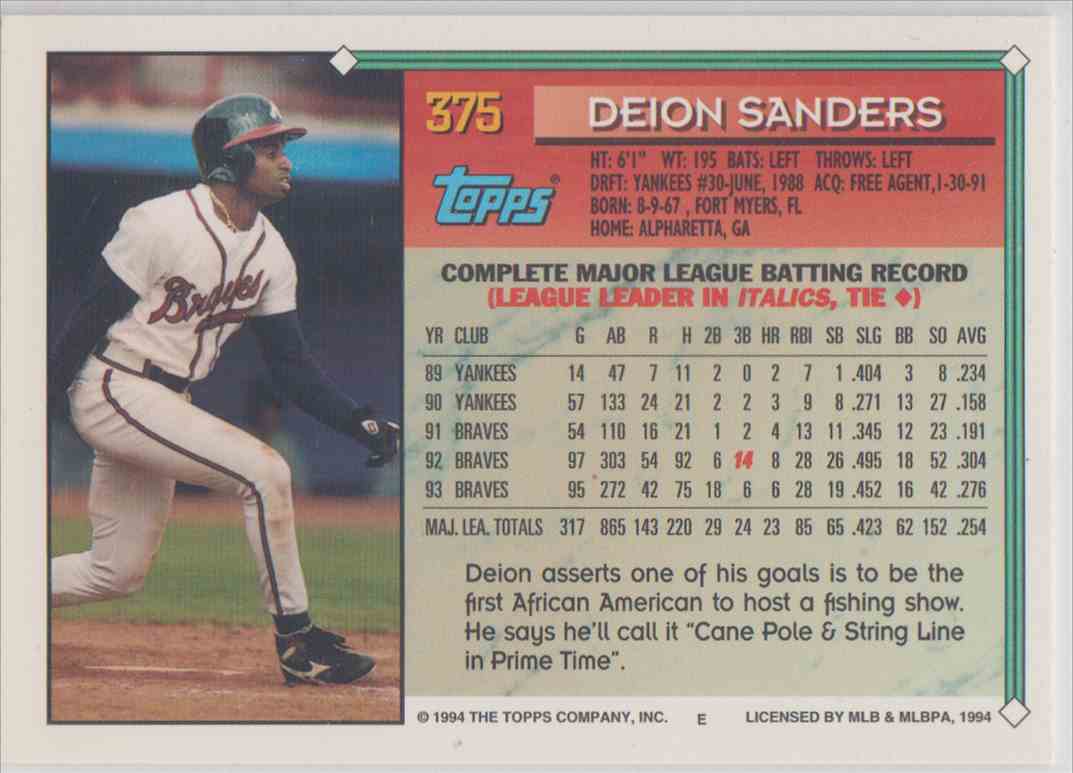 Atlanta Braves Deion Sanders MLB BASEBALL 1994 Sports
