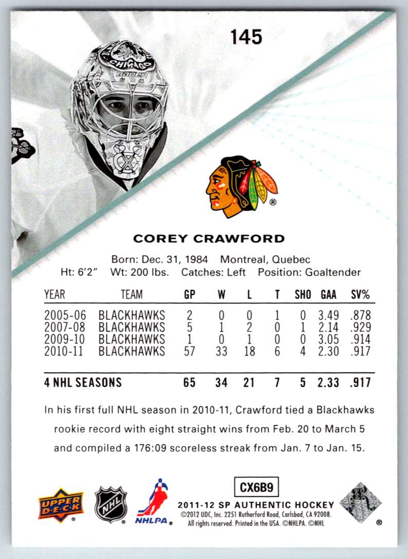 2011-12 SP Authentic Corey Crawford #145 card back image