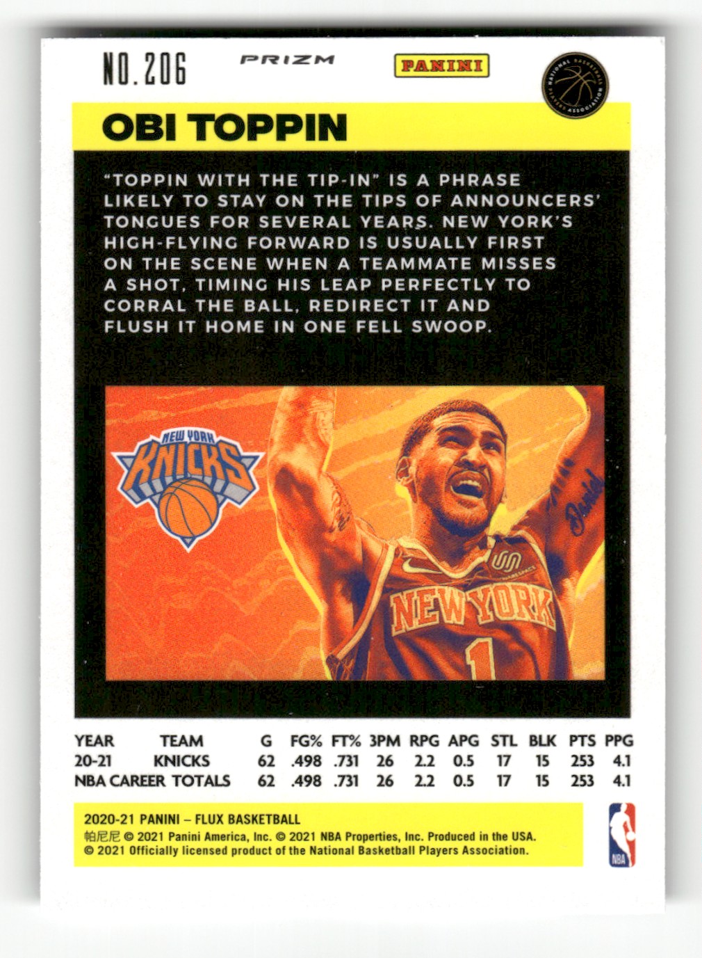 2020-21 Panini Flux Pulsar Obi Toppin #206 card back image