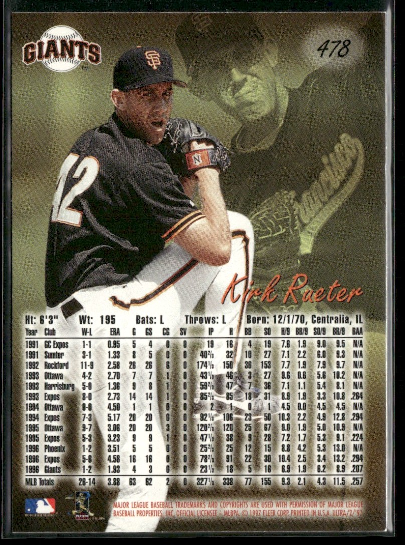 1997 FLEER ULTRA KIRK RUETER SAN FRANCISCO GIANTS #478 | eBay