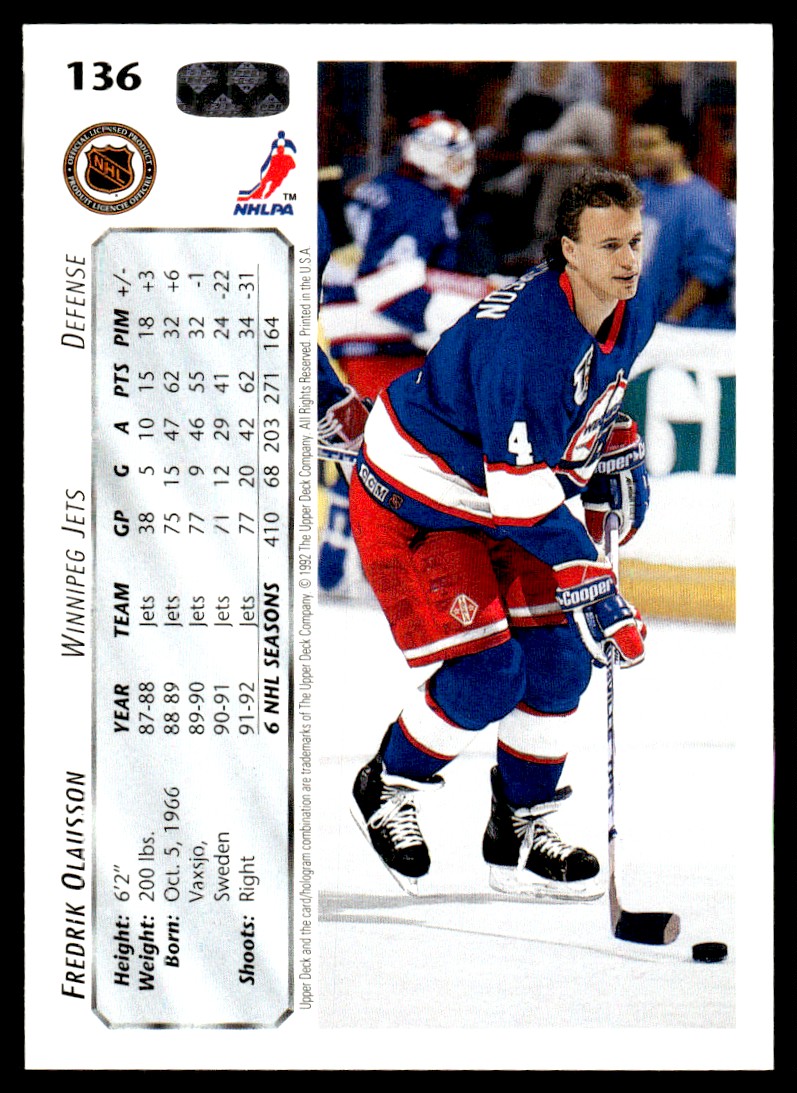 1992-93 Upper Deck Fredrik Olausson #136 card back image