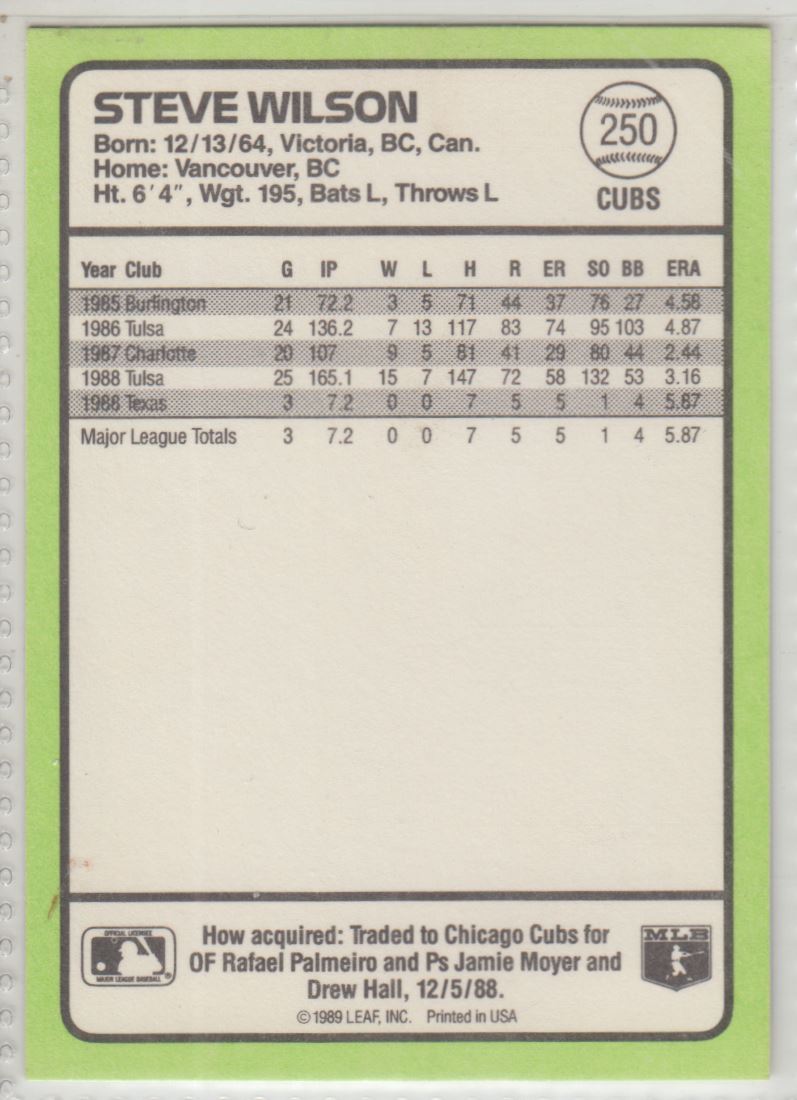 1989 Donruss Baseball's Best Steve Wilson #250 card back image