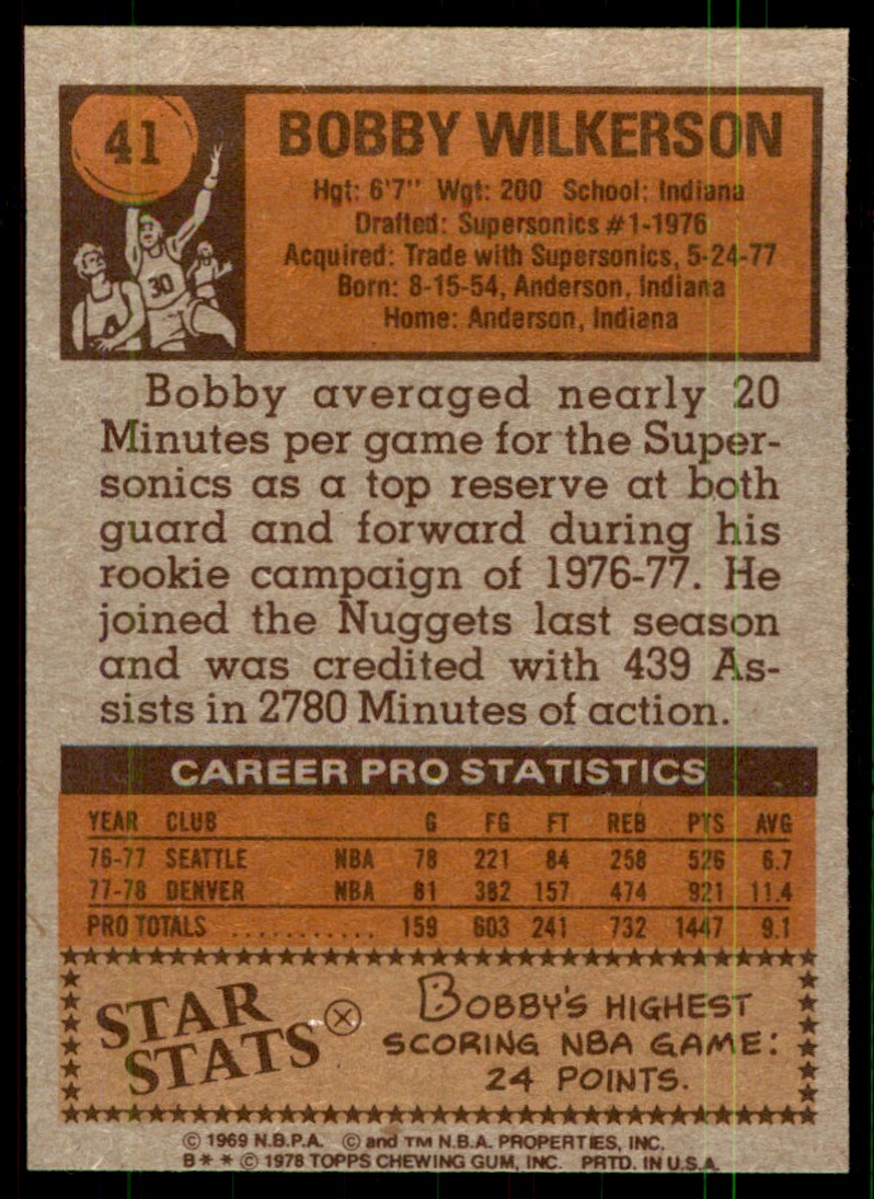 1978-79 Topps Bobby Wilkerson #41 card back image