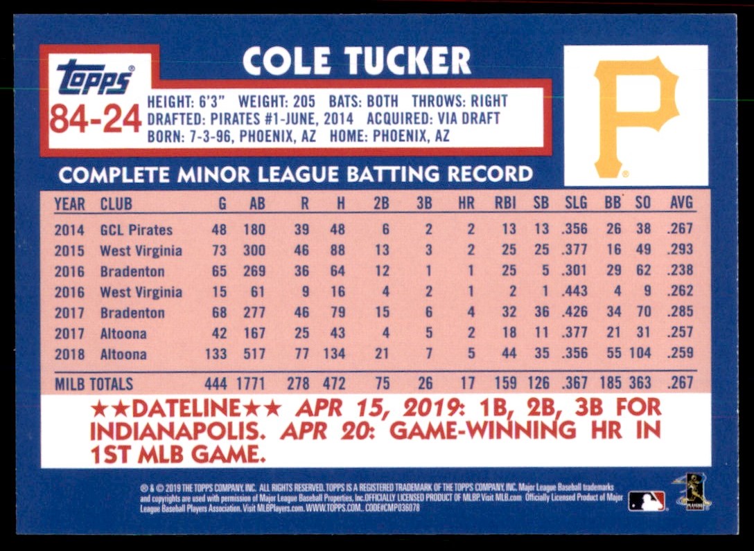 2019 Topps 1984 Baseball Cole Tucker Rookie Pittsburgh Pirates #84