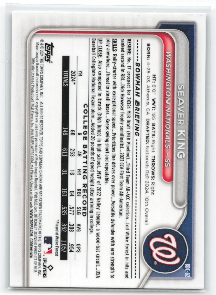2024 Bowman Draft Seaver King #BDC-62 card back image