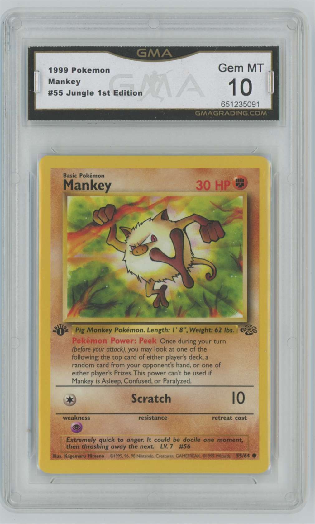 1999 Pokemon 1st Edition Jungle 55 Mankey Graded GMA 10