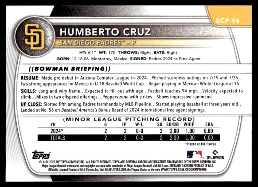 2025 Bowman Chrome Purple Reptilian Humberto Cruz 116/199  display picture 3
