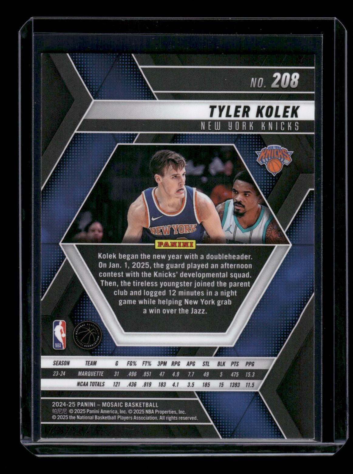 2024-25 Panini Mosaic Tyler Kolek #208 card back image