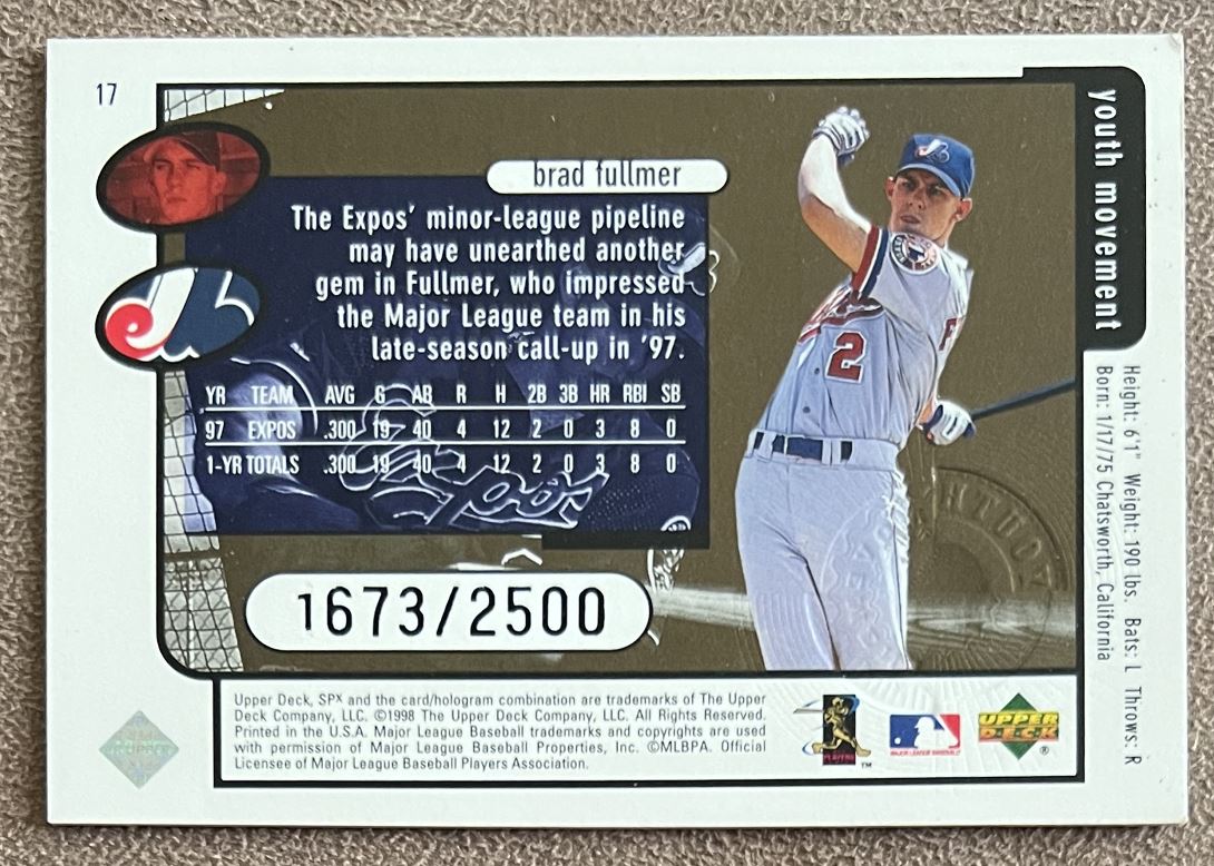 1998 SPx Finite Radiance Youth Movement Brad Fullmer #17 card back image