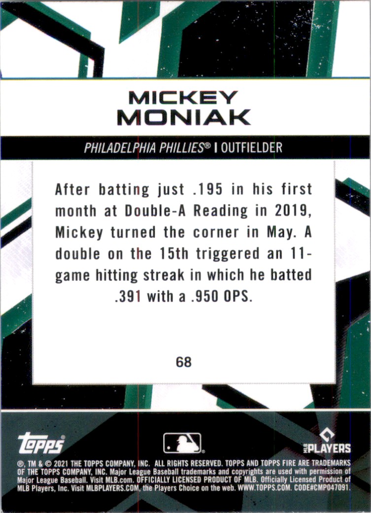 2021 Topps Fire Baseball Card Mickey Moniak #68 on Kronozio