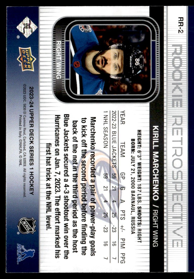 2023-24 Upper Deck Rookie Retrospective Kirill Marchenko #RR-2 card back image