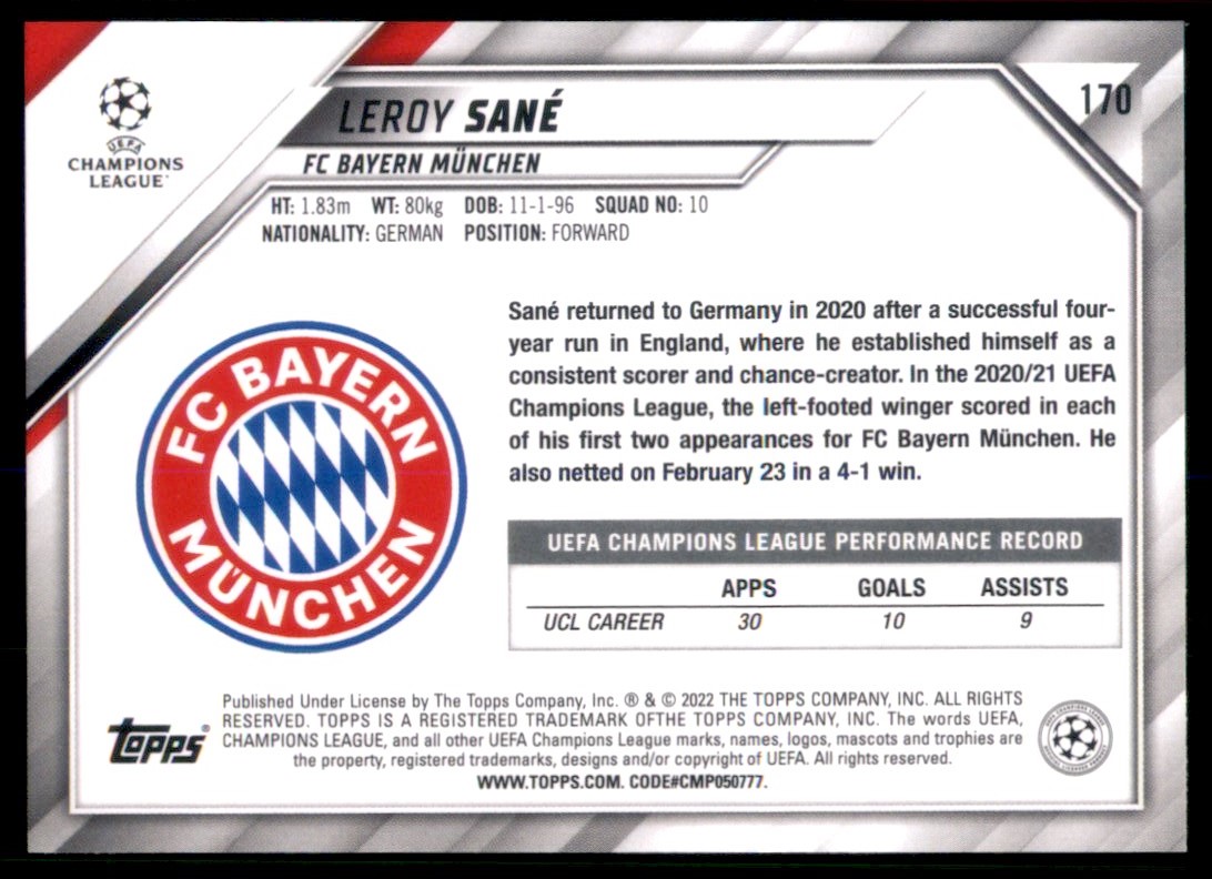 2021 Topps UEFA Champions League Leroy Sane #170 card back image