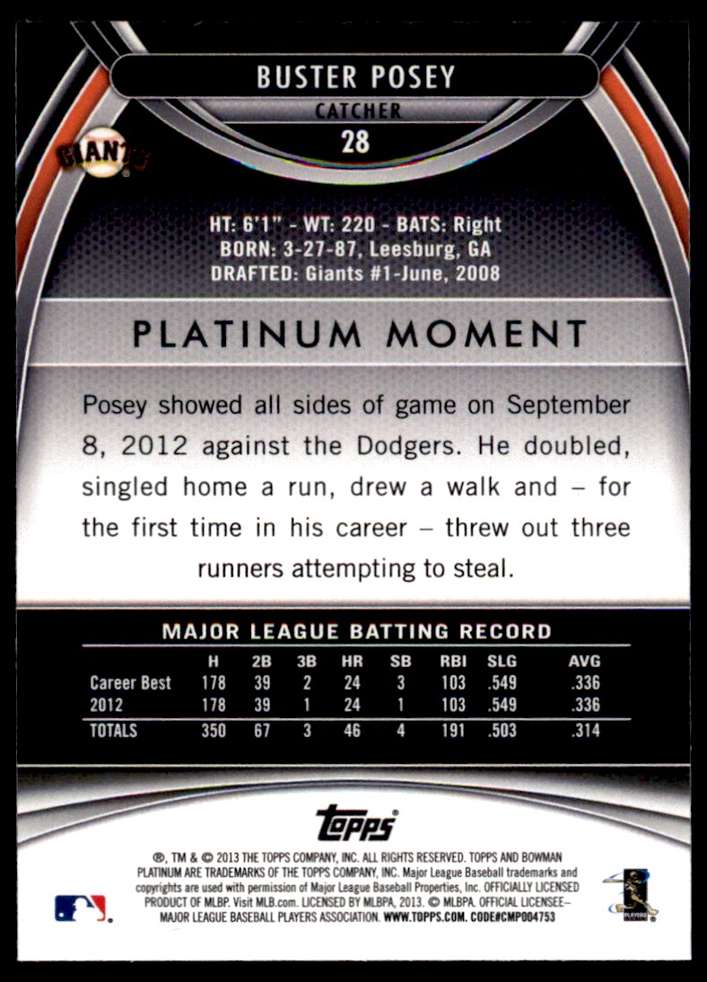 2013 Bowman Platinum Buster Posey #28 card back image