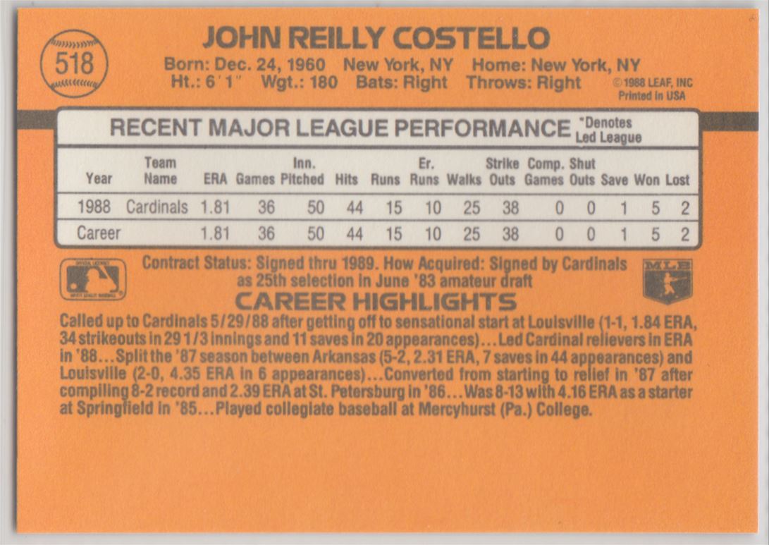 1989 Donruss John Costello #518 card back image