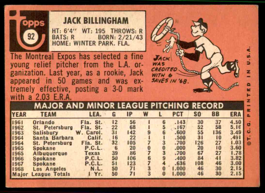 1969 Topps Jack Billingham #92 card back image