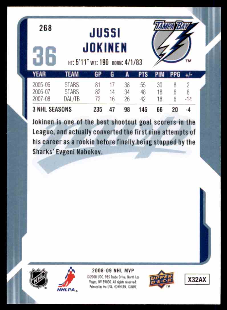 2008-09 Upper Deck MVP Jussi Jokinen #268 card back image