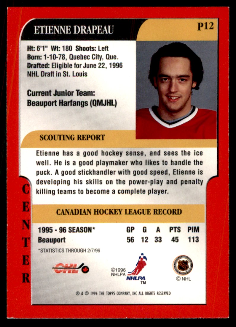 1995-96 Bowman Draft Prospects Etienne Drapeau #P12 card back image