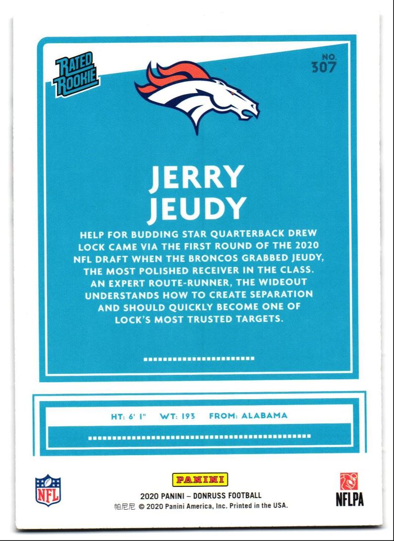 2020 Donruss Rated Rookie Jerry Jeudy #307 card back image