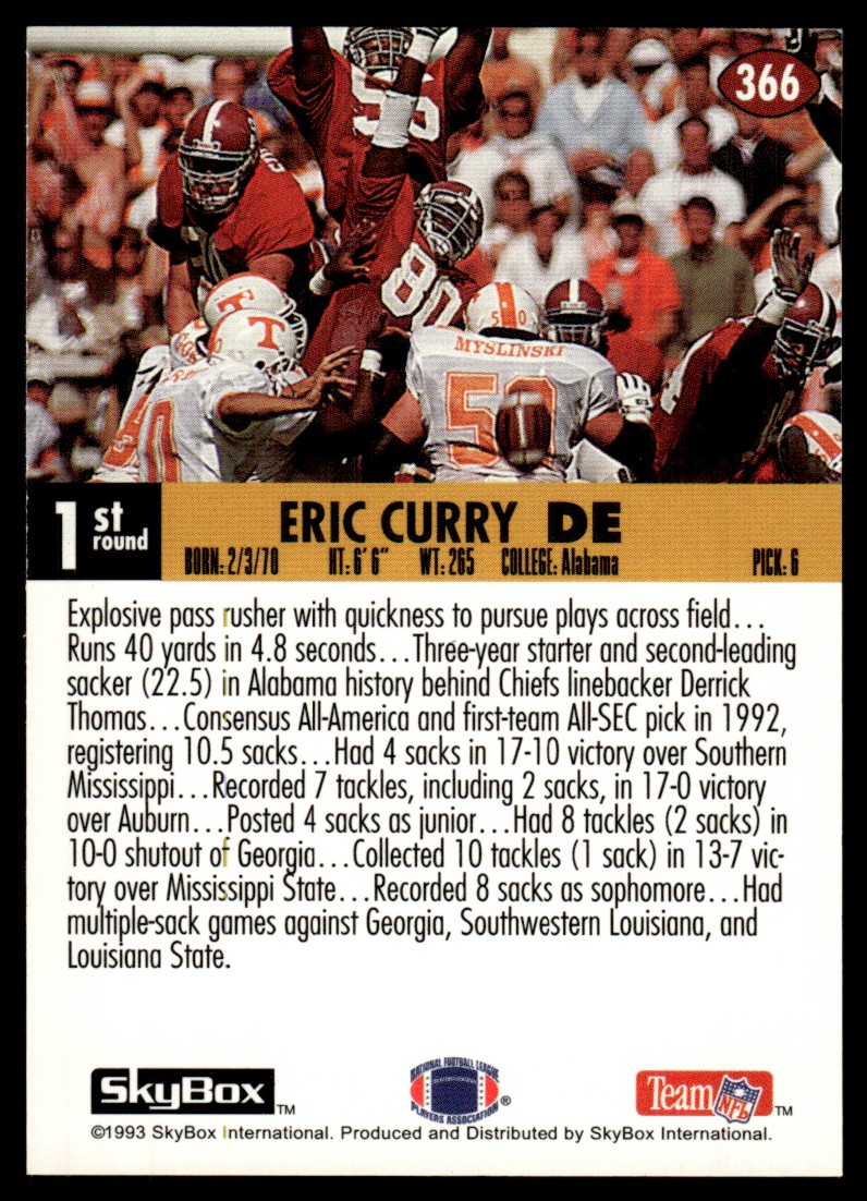 1993 SkyBox Impact Eric Curry #366 card back image