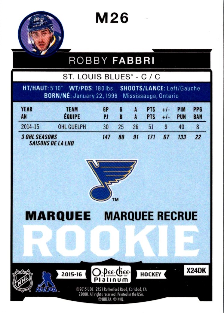 2015-16 O-Pee-Chee Platinum Marquee Rookies Robby Fabbri #M26 card back image