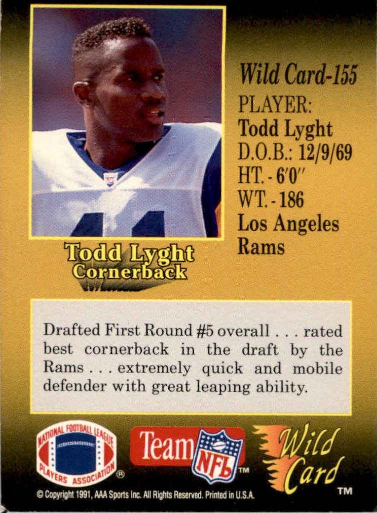 1991 Wild Card Todd Lyght #155 card back image