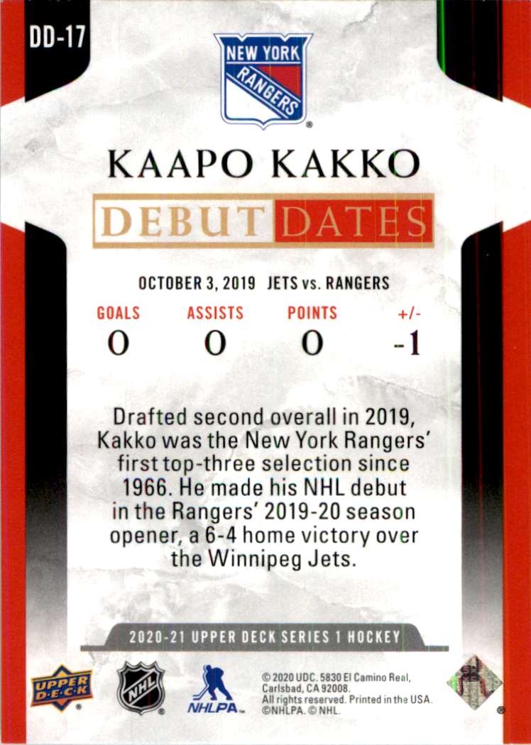 2020-21 Upper Deck Debut Dates Kaapo Kakko #DD-17 card back image