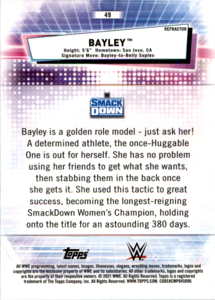 2021 Topps WWE Chrome Refractor Bayley #49 card back image