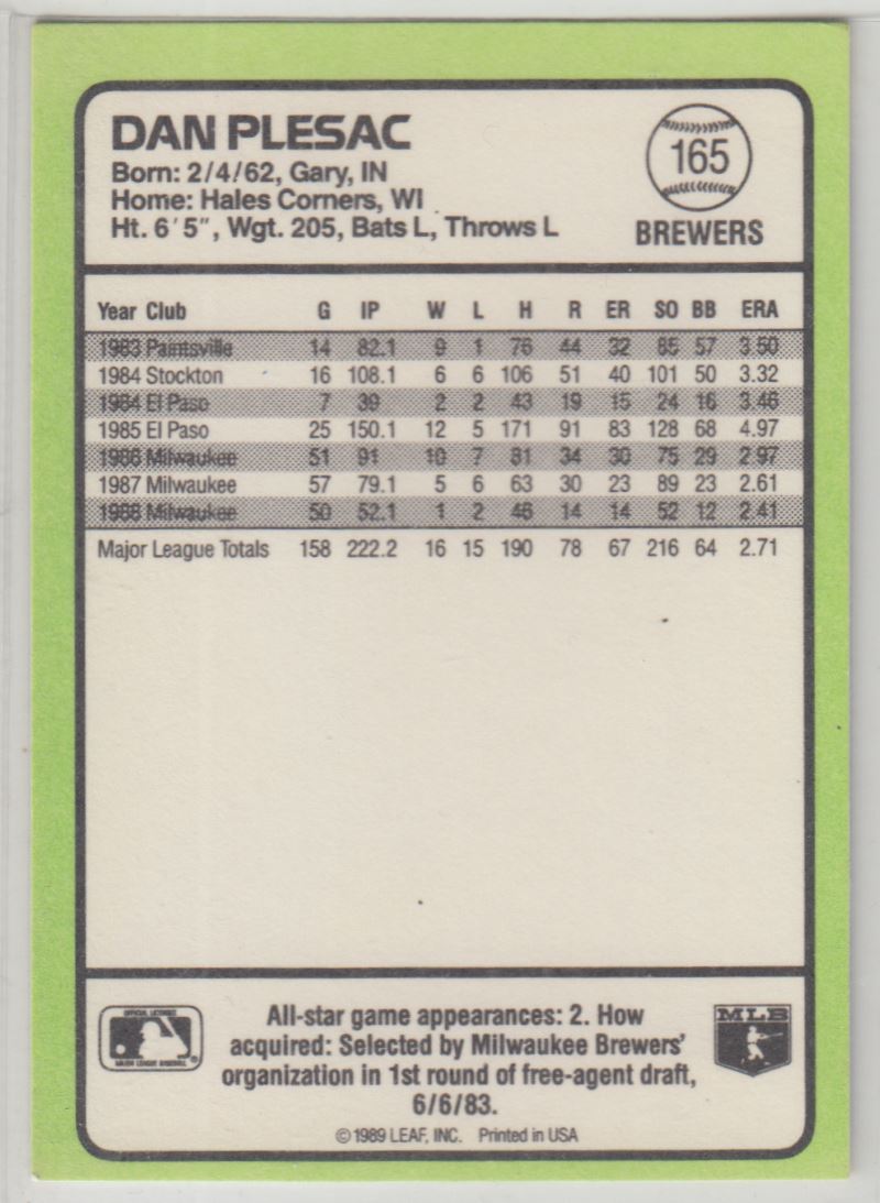 1989 Donruss Baseball's Best Dan Plesac #165 card back image
