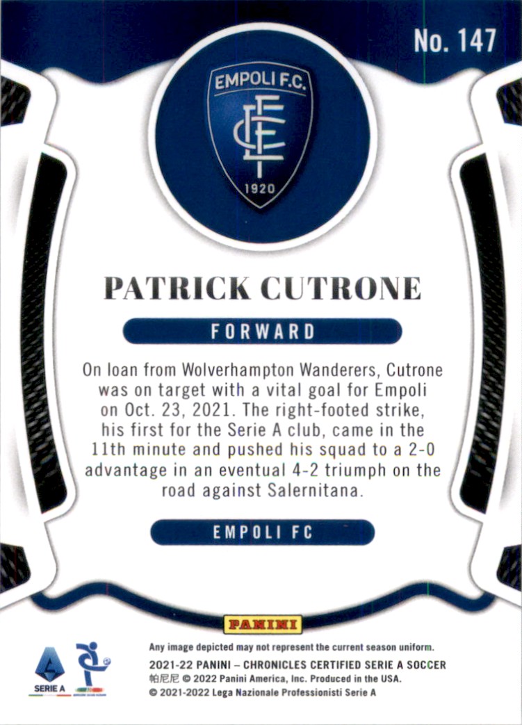 2021 Panini Chronicles Serie A Patrick Cutrone/Certified #147 card back image