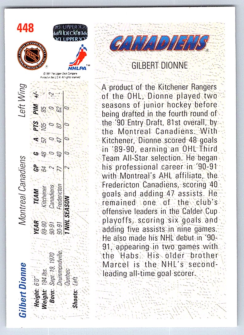 1991-92 Upper Deck Star Rookies Gilbert Dionne #448 card back image