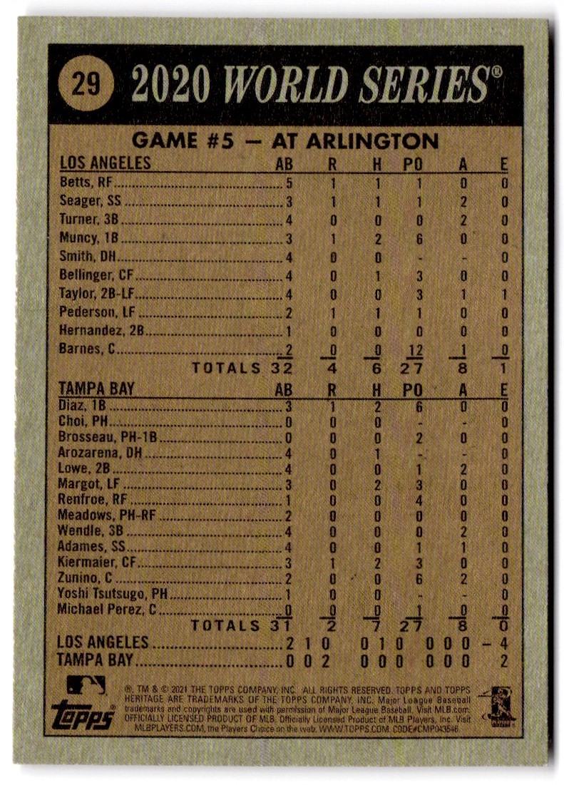2021 Topps Heritage 2020 World Series Game 5 WS #29 card back image